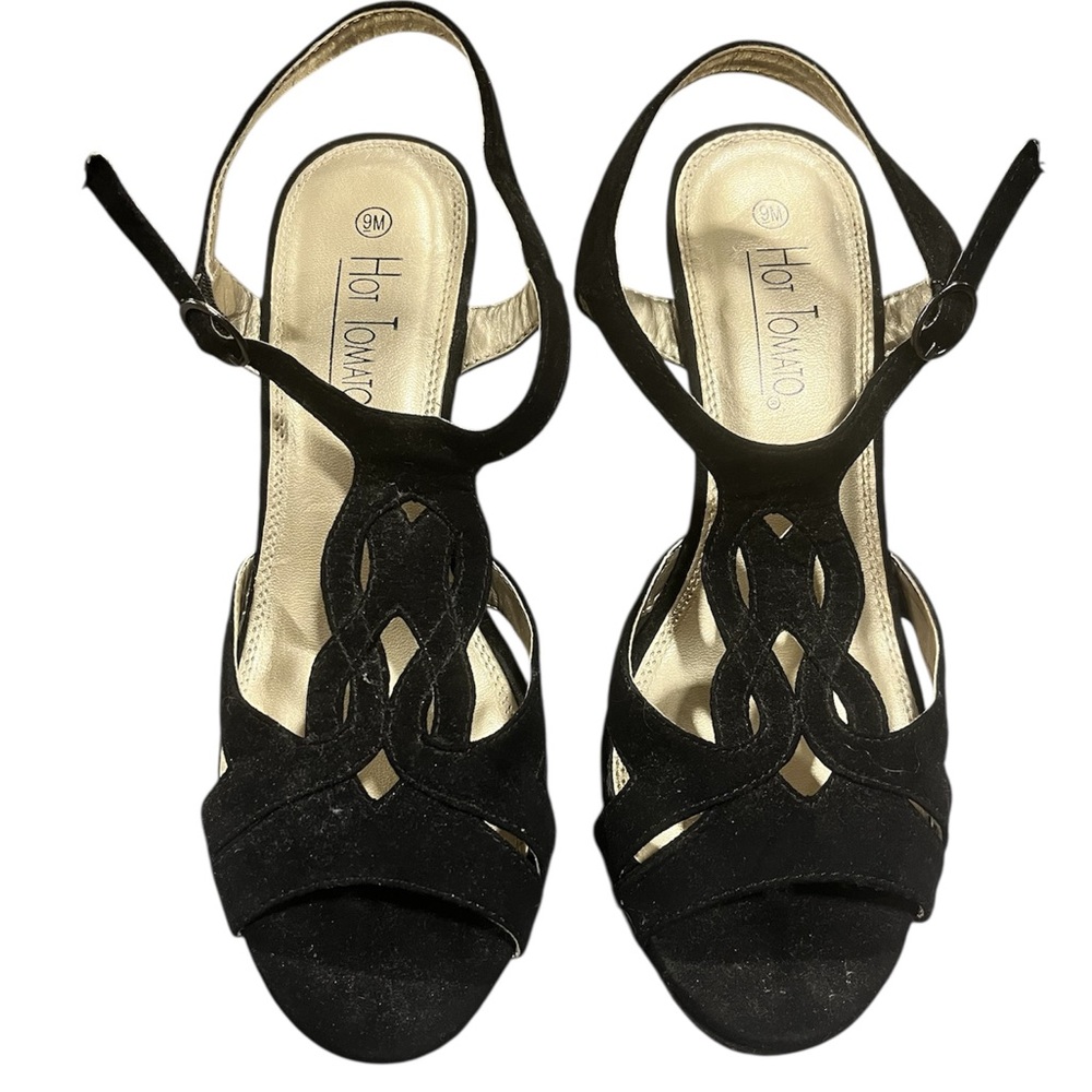 Hot Tomato Black Velvet Suede Strappy Heels Size 9M‎ Formal Winter Holiday